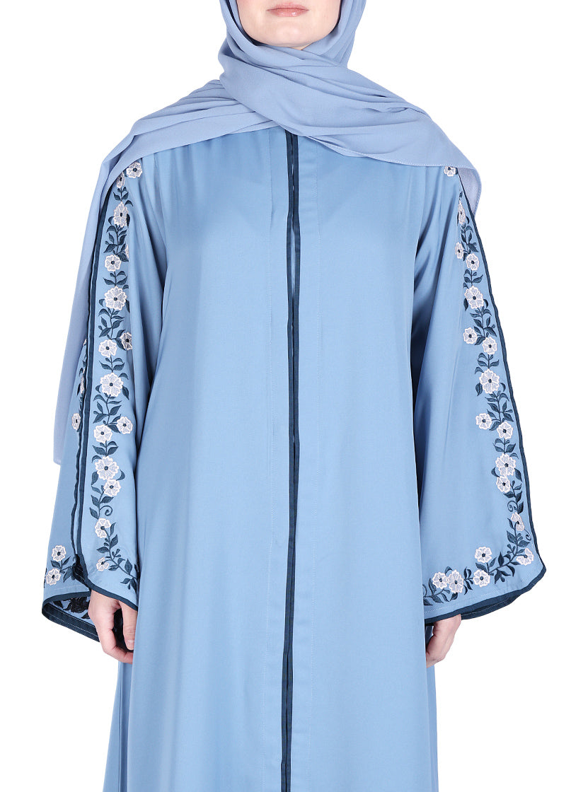 Being Muslims Contrast Sleeve Embroidery Sky Blue Qatari Nida Abaya