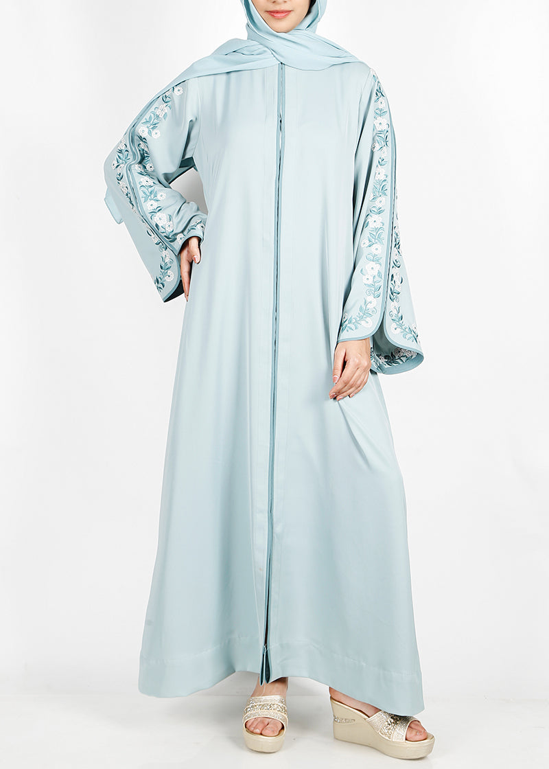 BeingMuslims Sage Green Floral Embroidered Sleeve Abaya