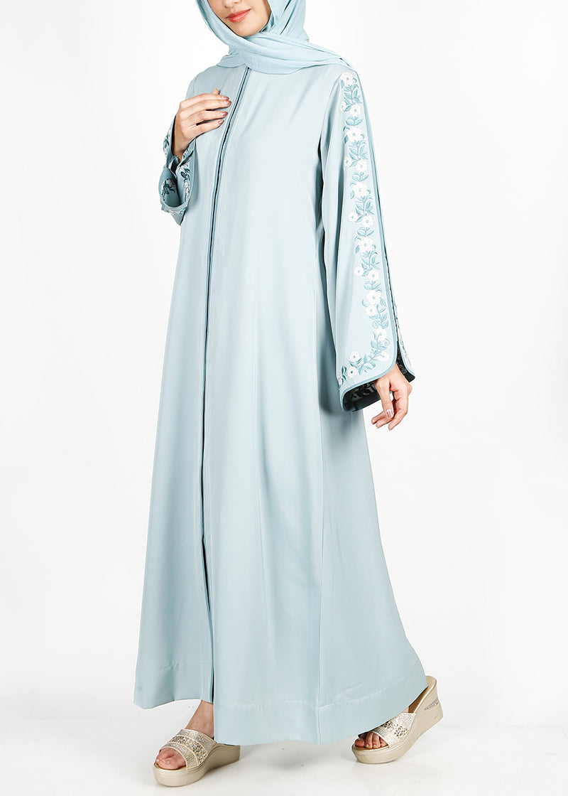 BeingMuslims Sage Green Floral Embroidered Sleeve Abaya