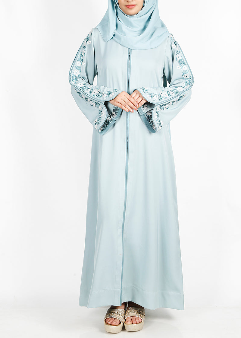 BeingMuslims Sage Green Floral Embroidered Sleeve Abaya