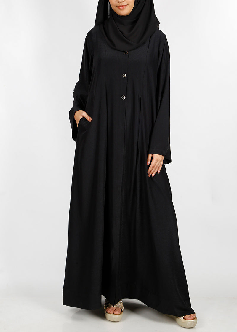 BeingMuslims Black button-front pleated flowy abaya