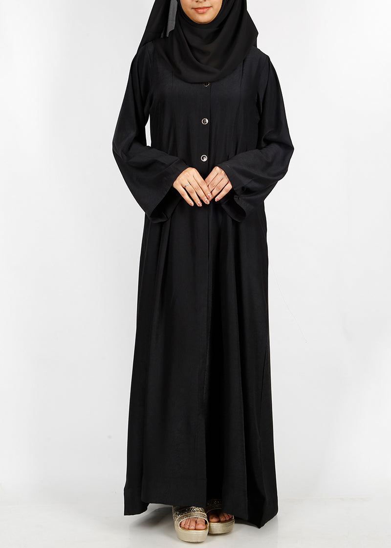 BeingMuslims Black button-front pleated flowy abaya