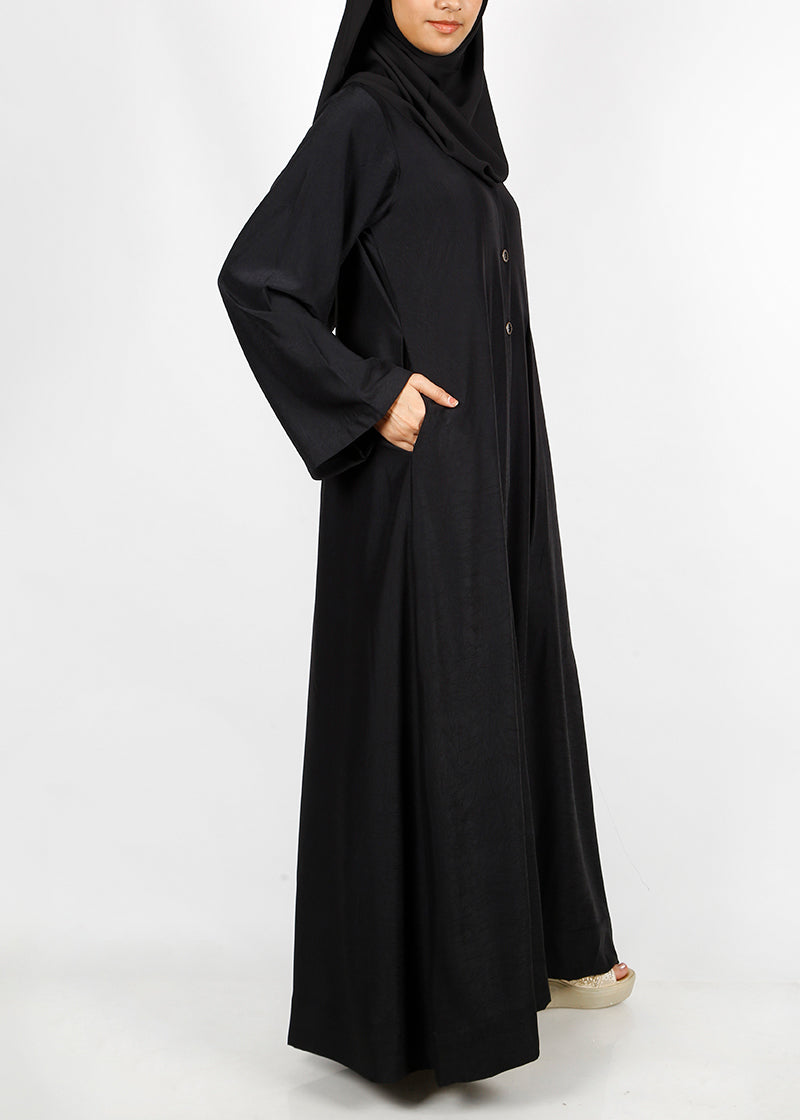 BeingMuslims Black button-front pleated flowy abaya