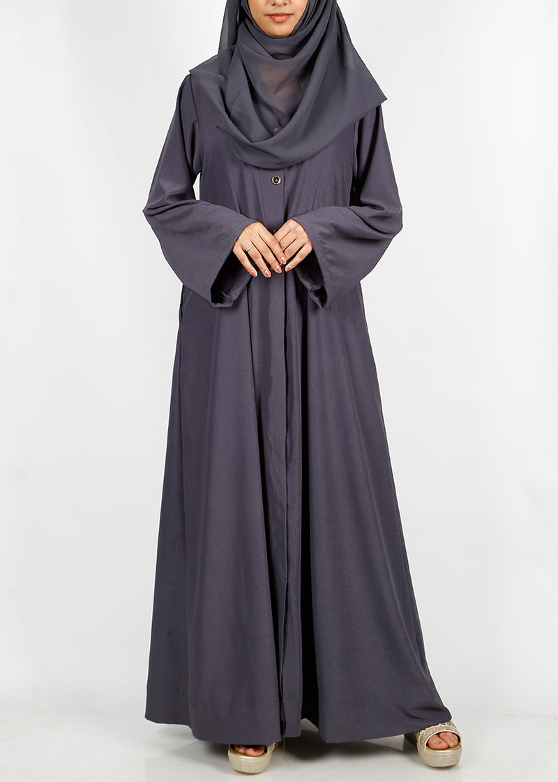 BeingMuslims Dark Grey button-front pleated flowy abaya