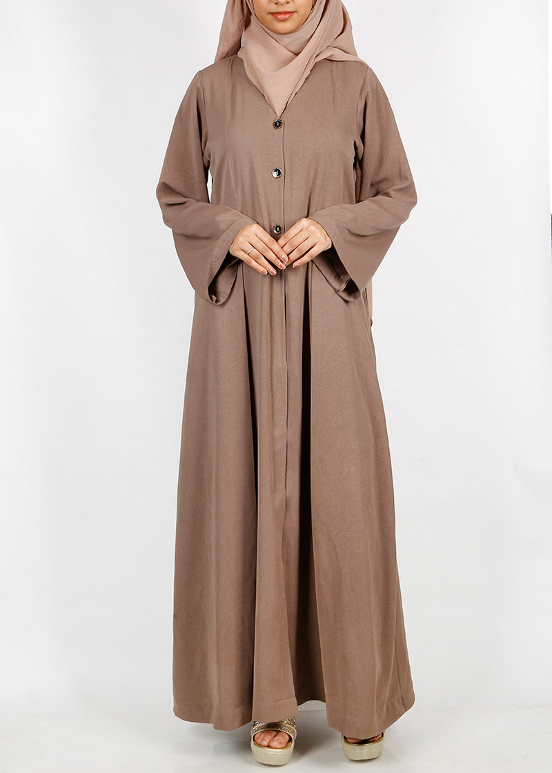 BeingMuslims Oak Brown button-front pleated flowy abaya