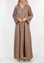 BeingMuslims Oak Brown button-front pleated flowy abaya