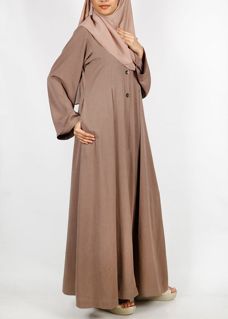 BeingMuslims Oak Brown button-front pleated flowy abaya