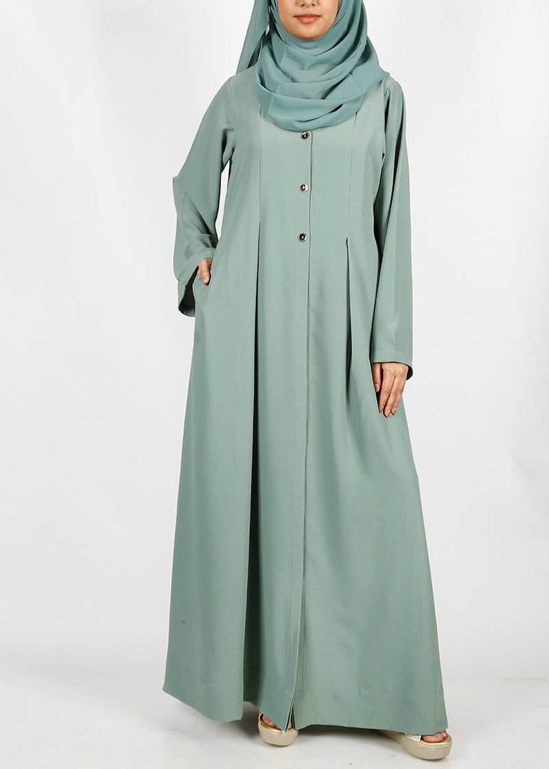 BeingMuslims Sage Green button-front pleated flowy abaya