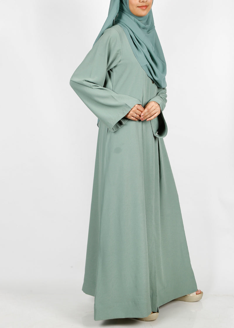BeingMuslims Sage Green button-front pleated flowy abaya