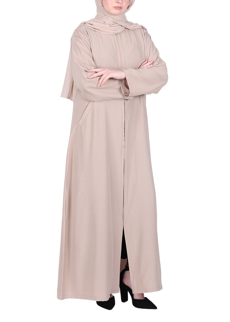 Being Muslims Sleek Beige Abaya with Zipper and Pockets The BeingMuslims Store Being Muslims Sleek Beige Abaya with Zipper and Pockets The BeingMuslims Store