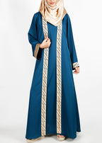 BeingMuslims Teal-Green Set with Gold Trim Shrug Outer and Matching Inner Abaya