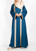 BeingMuslims Teal-Green Set with Gold Trim Shrug Outer and Matching Inner Abaya