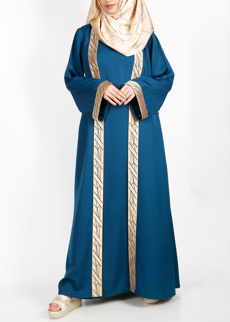 BeingMuslims Teal-Green Set with Gold Trim Shrug Outer and Matching Inner Abaya