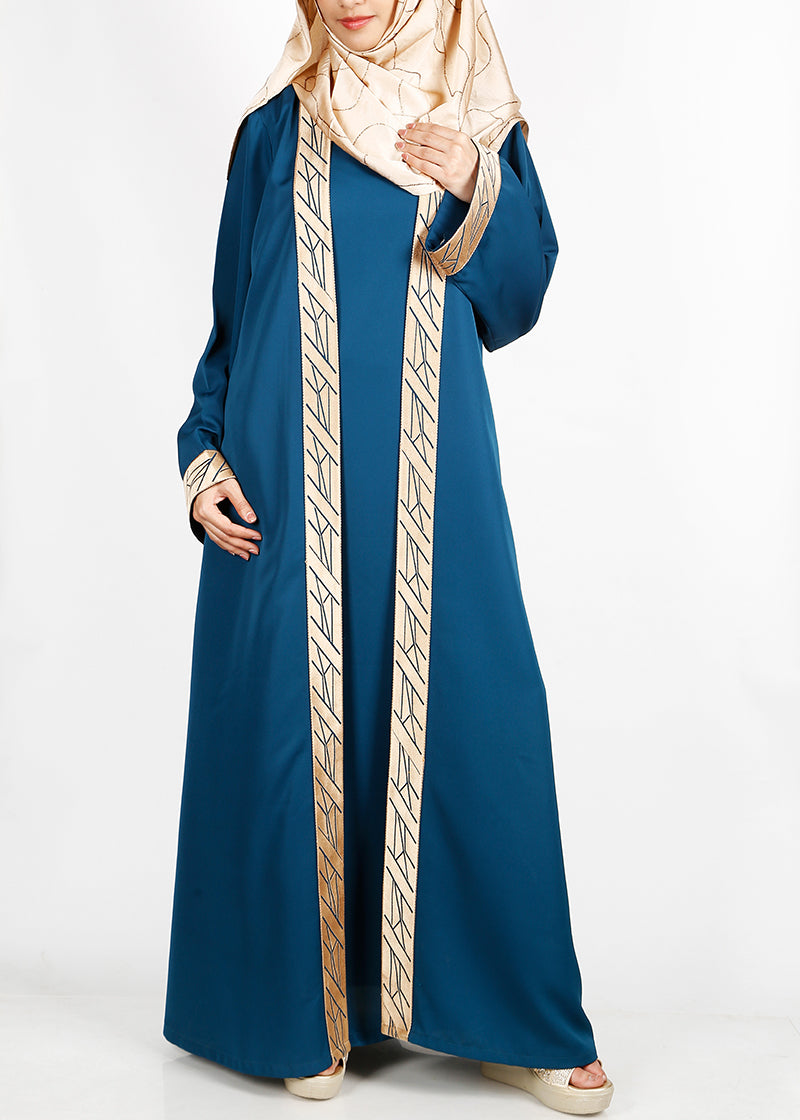 BeingMuslims Teal-Green Set with Gold Trim Shrug Outer and Matching Inner Abaya