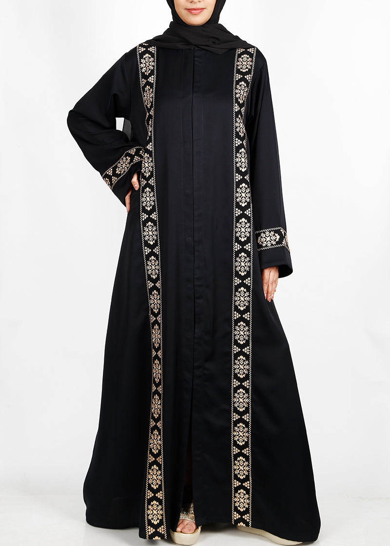 BeingMuslims Black Abaya with Gold Vertical embroidery