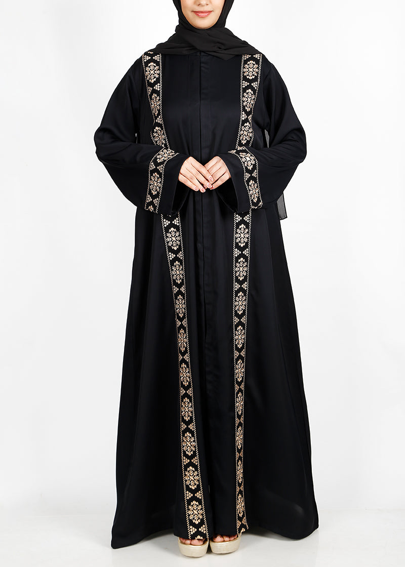 BeingMuslims Black Abaya with Gold Vertical embroidery