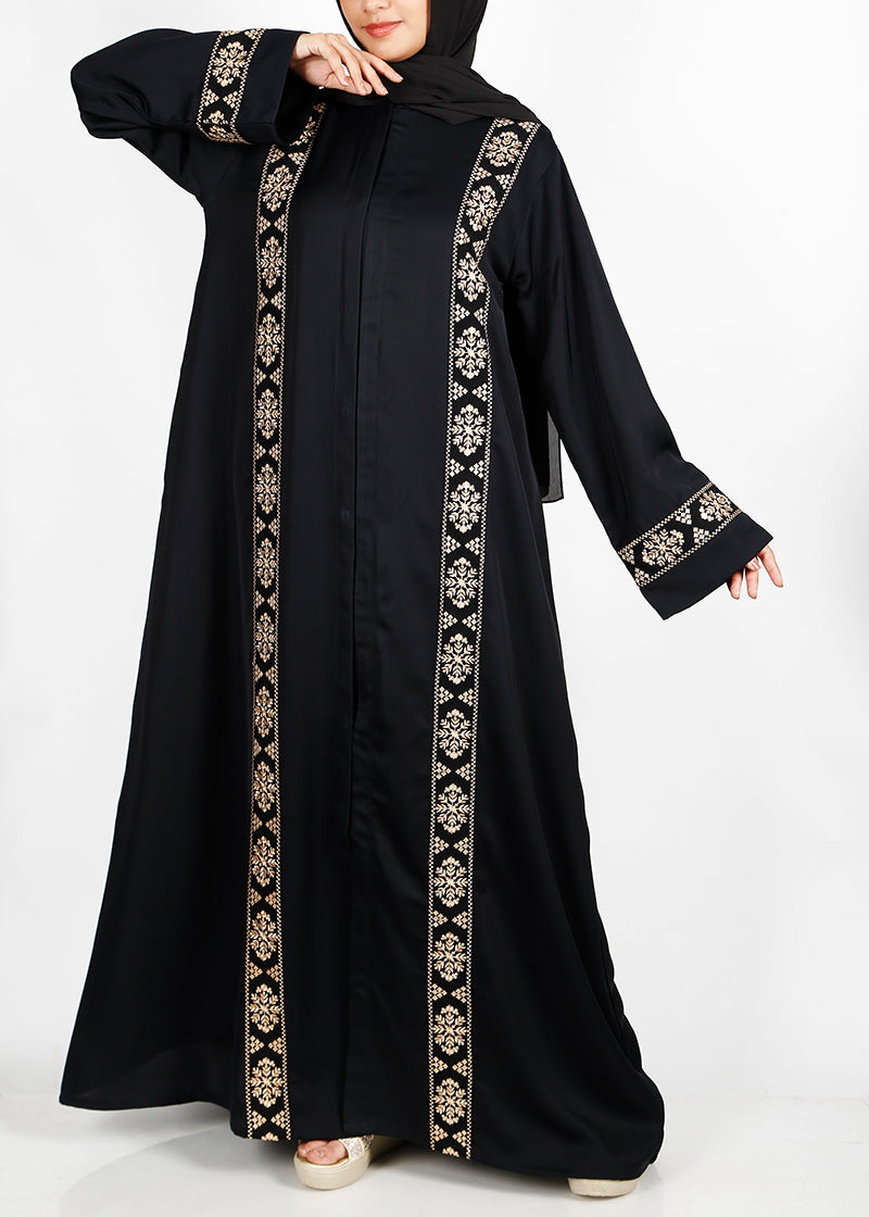 BeingMuslims Black Abaya with Gold Vertical embroidery