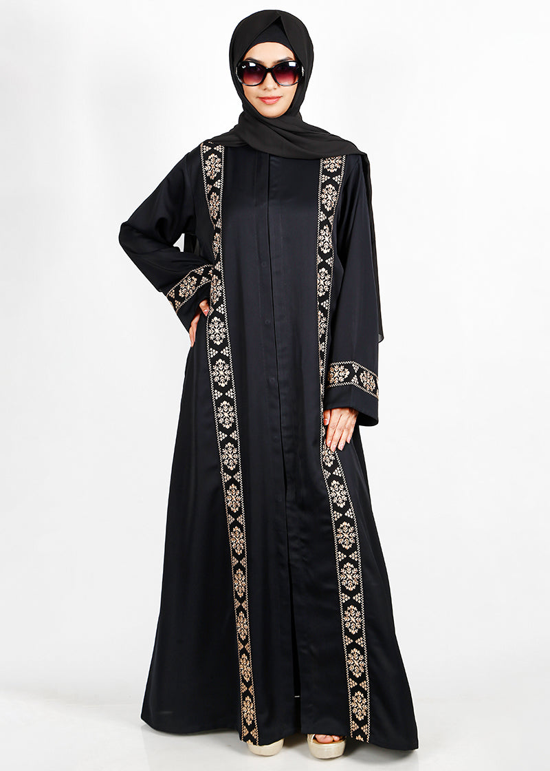 BeingMuslims Black Abaya with Gold Vertical embroidery
