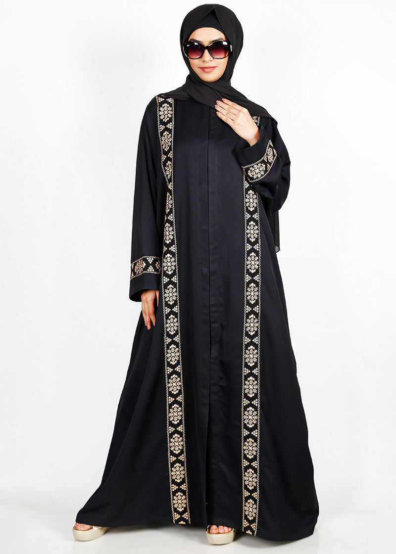 BeingMuslims Black Abaya with Gold Vertical embroidery