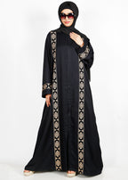 BeingMuslims Black Abaya with Gold Vertical embroidery