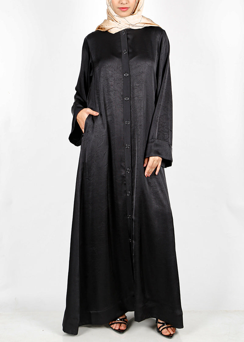 BeingMuslims Button-front Lustrous Black Abaya