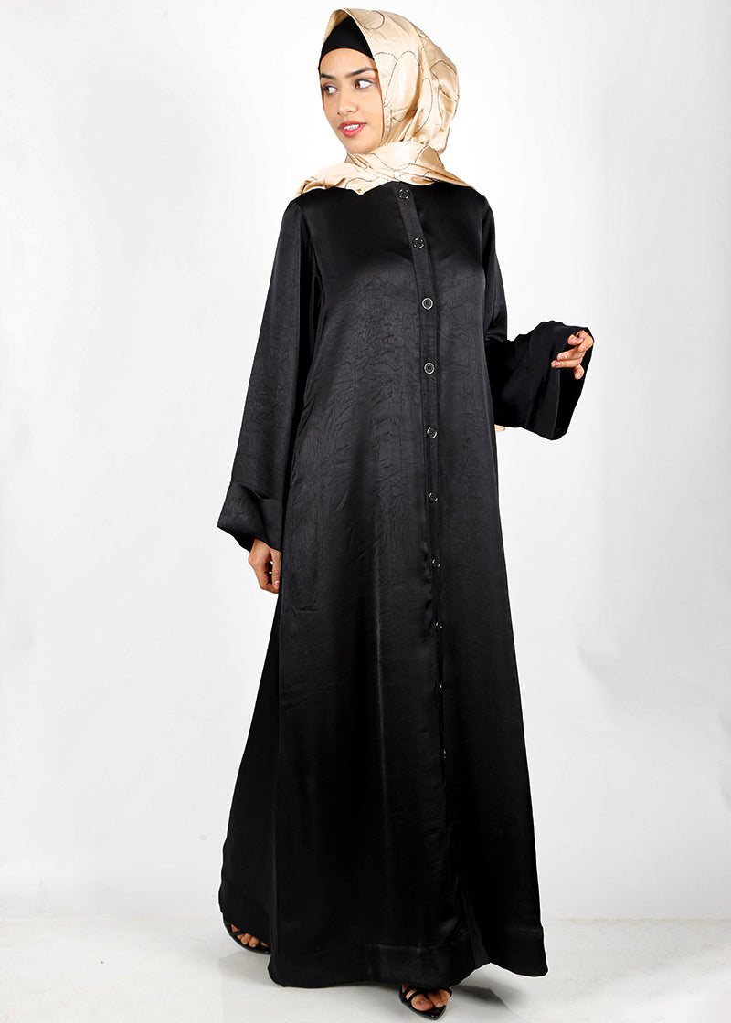 BeingMuslims Button-front Lustrous Black Abaya