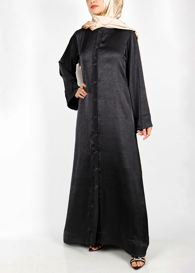 BeingMuslims Button-front Lustrous Black Abaya