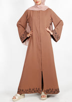 BeingMuslims Graceful Side Embroidered Oak Brown Abaya
