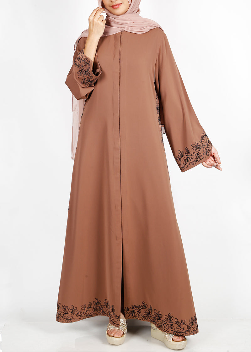 BeingMuslims Graceful Side Embroidered Oak Brown Abaya