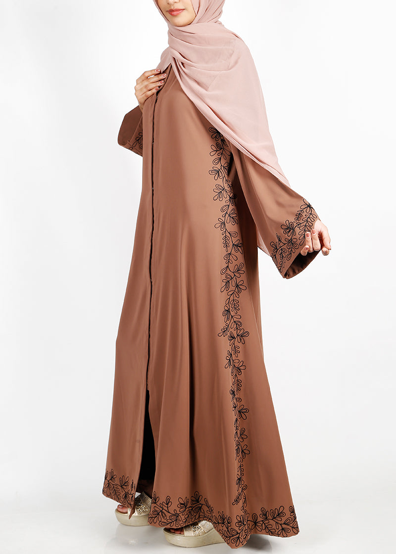 BeingMuslims Graceful Side Embroidered Oak Brown Abaya