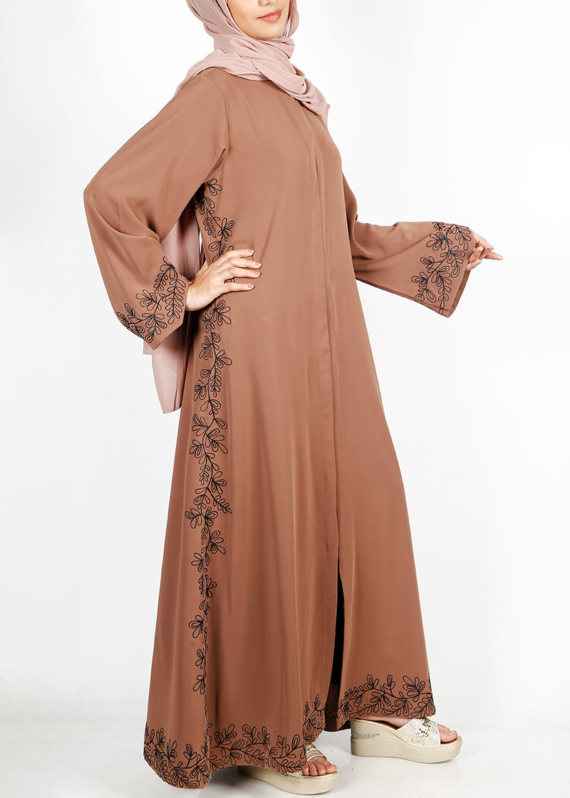 BeingMuslims Graceful Side Embroidered Oak Brown Abaya