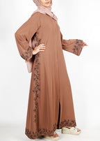 BeingMuslims Graceful Side Embroidered Oak Brown Abaya