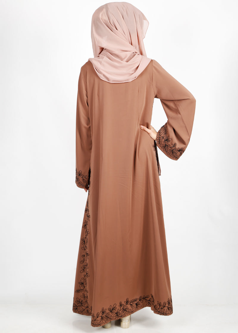 BeingMuslims Graceful Side Embroidered Oak Brown Abaya