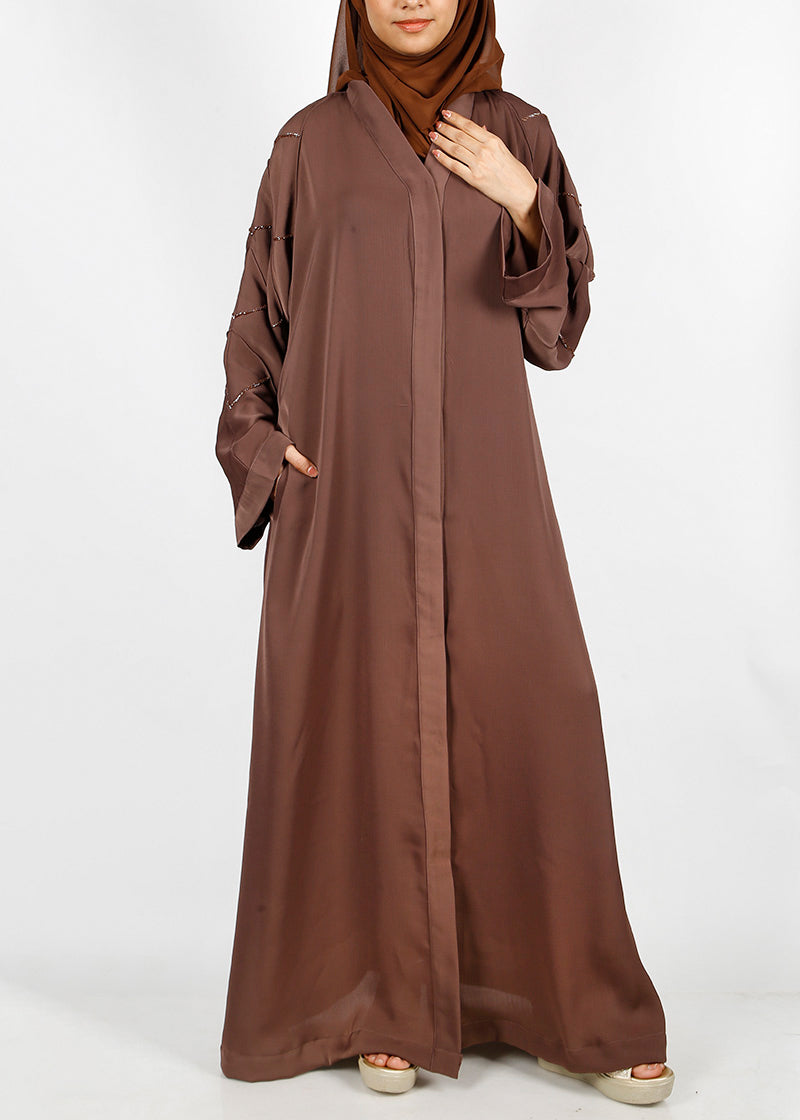 BeingMuslims Chocolate Brown Dubai Style Abaya with Cut-dana work on sleeves