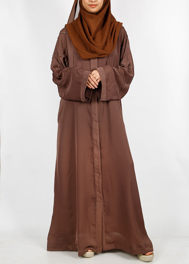 BeingMuslims Chocolate Brown Dubai Style Abaya with Cut-dana work on sleeves