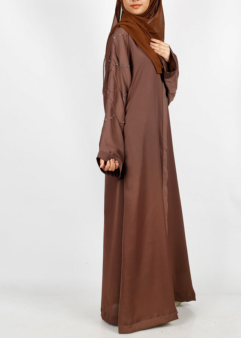 BeingMuslims Chocolate Brown Dubai Style Abaya with Cut-dana work on sleeves