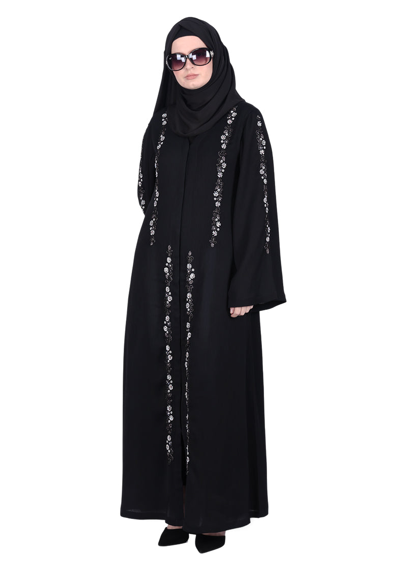 BeingMuslims Black Abaya with Designer Intricate Hand Embroidery