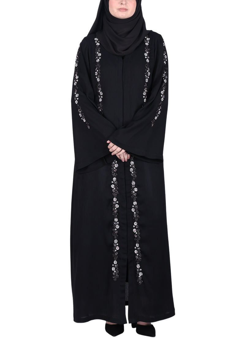 BeingMuslims Black Abaya with Designer Intricate Hand Embroidery