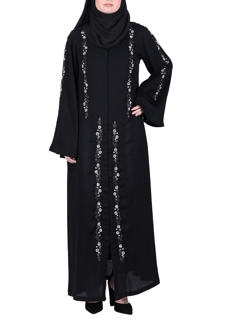 BeingMuslims Black Abaya with Designer Intricate Hand Embroidery