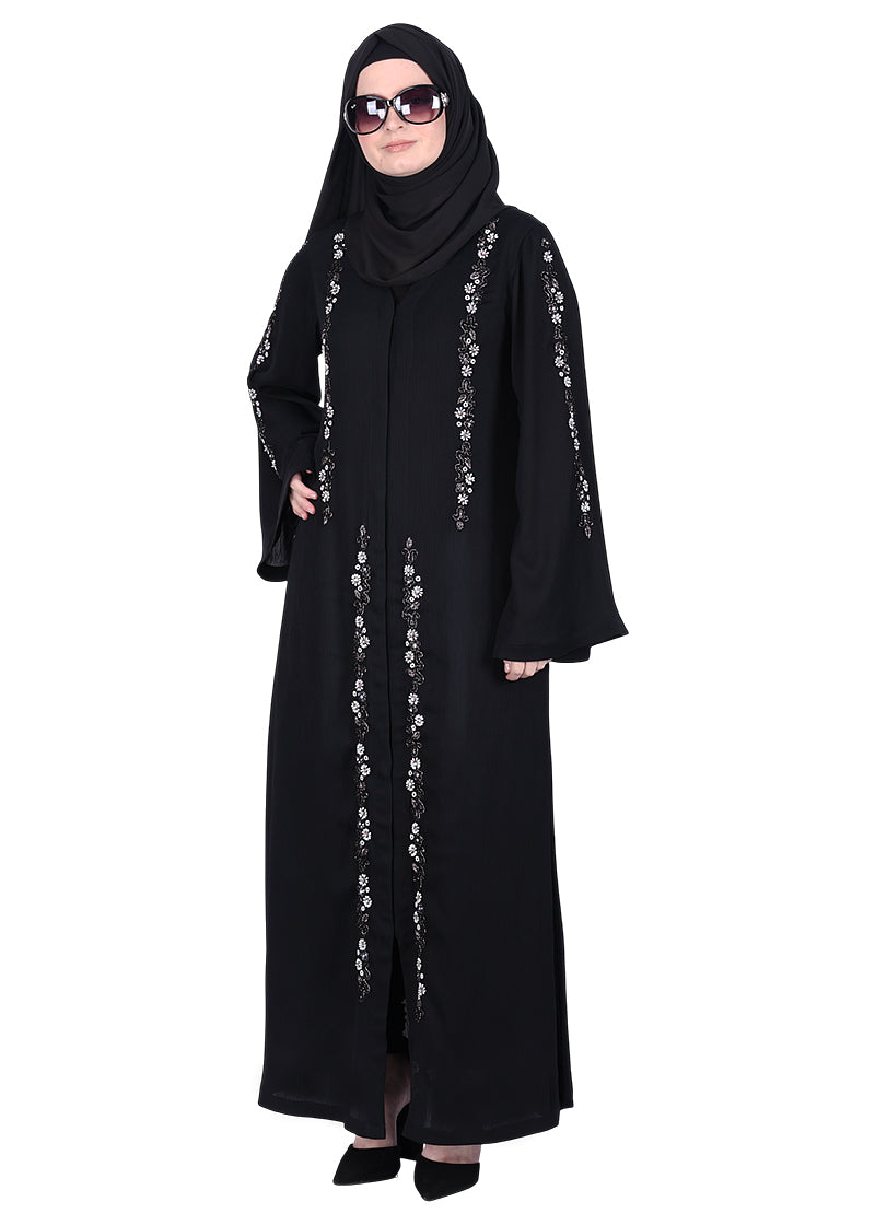 BeingMuslims Black Abaya with Designer Intricate Hand Embroidery