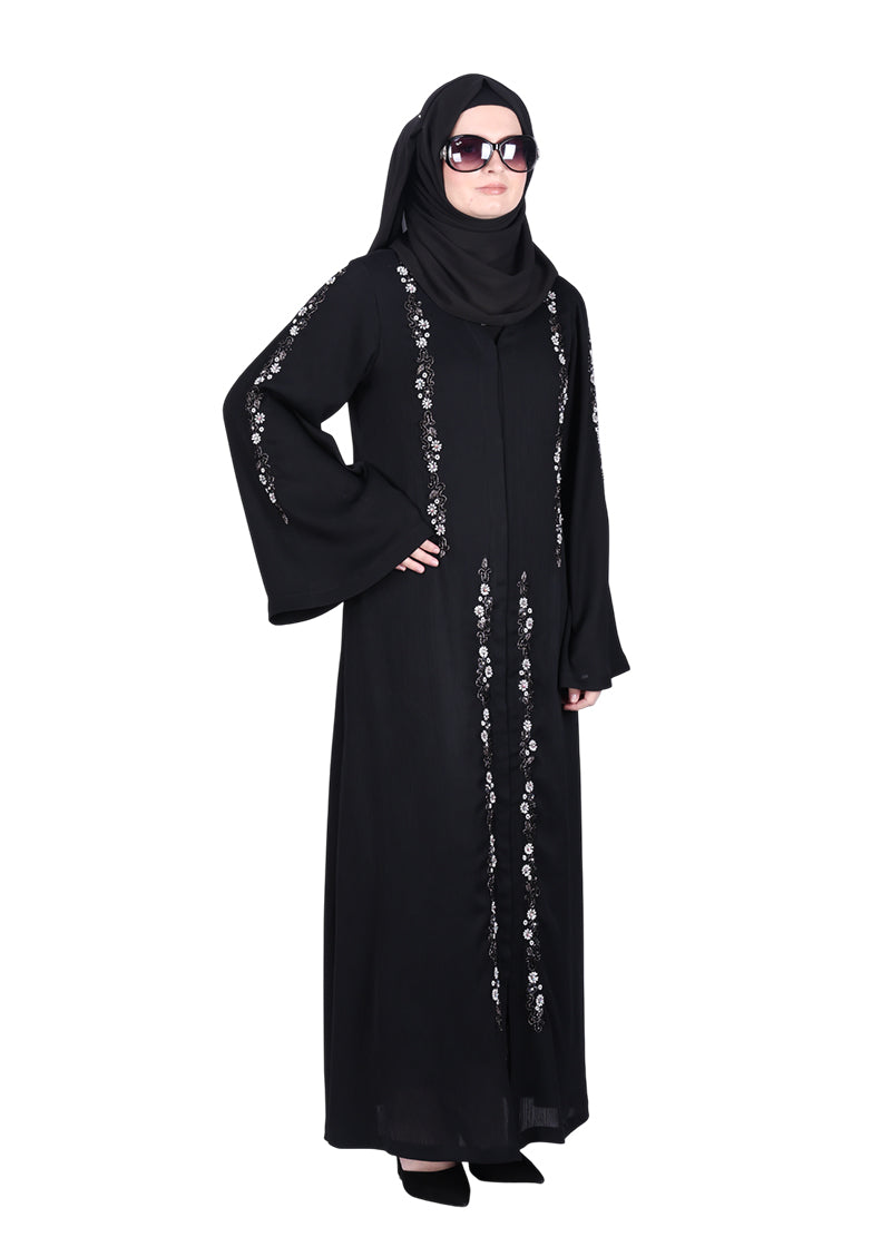 BeingMuslims Black Abaya with Designer Intricate Hand Embroidery