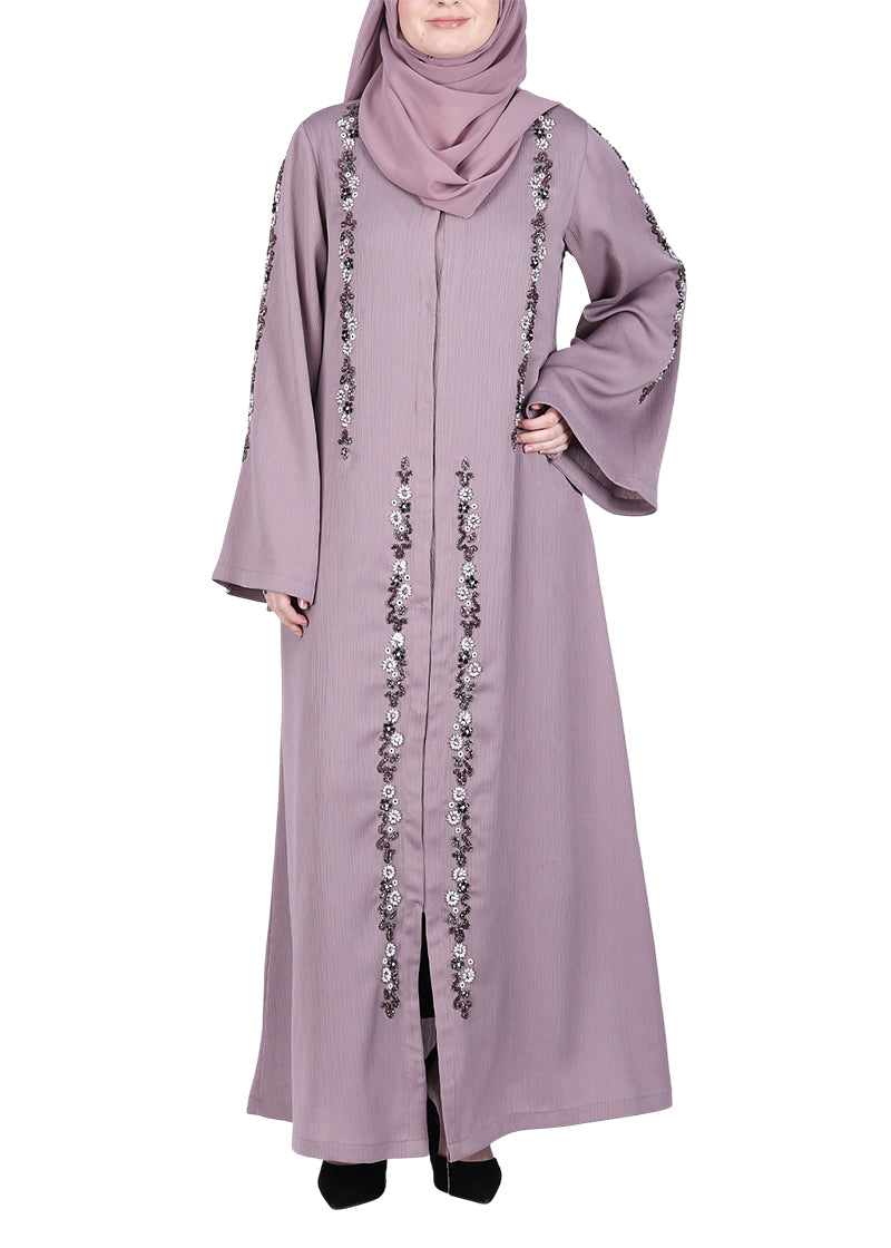 BeingMuslims Light Purple Abaya with Designer Intricate Hand Embroidery