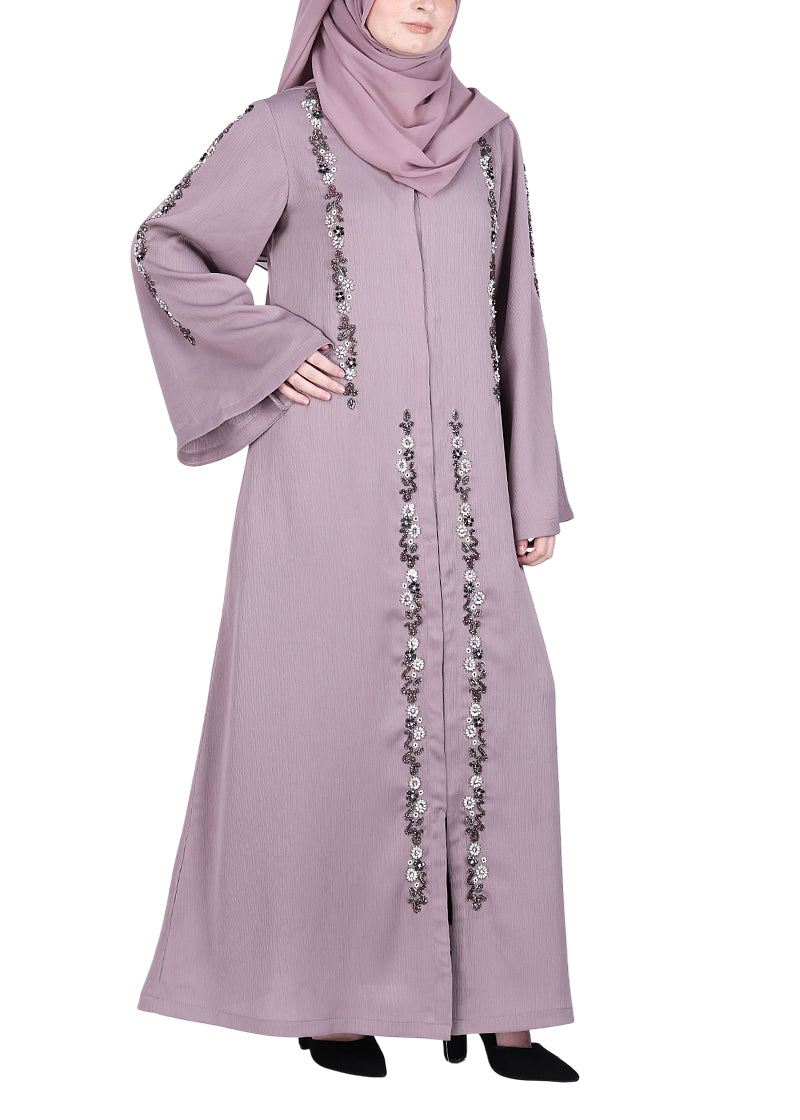 BeingMuslims Light Purple Abaya with Designer Intricate Hand Embroidery