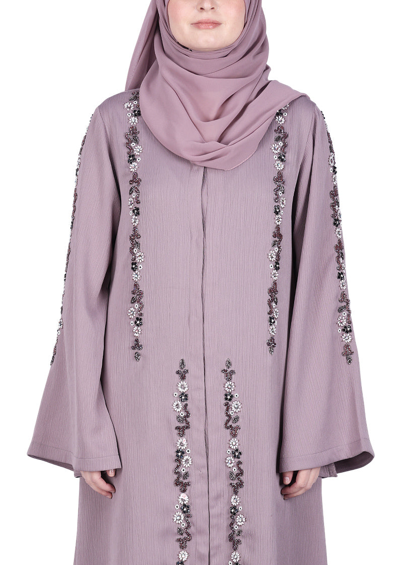 BeingMuslims Light Purple Abaya with Designer Intricate Hand Embroidery