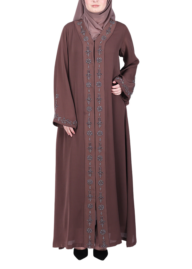 BeingMuslims Brown Abaya with Rich Intricate Hand Embroidery