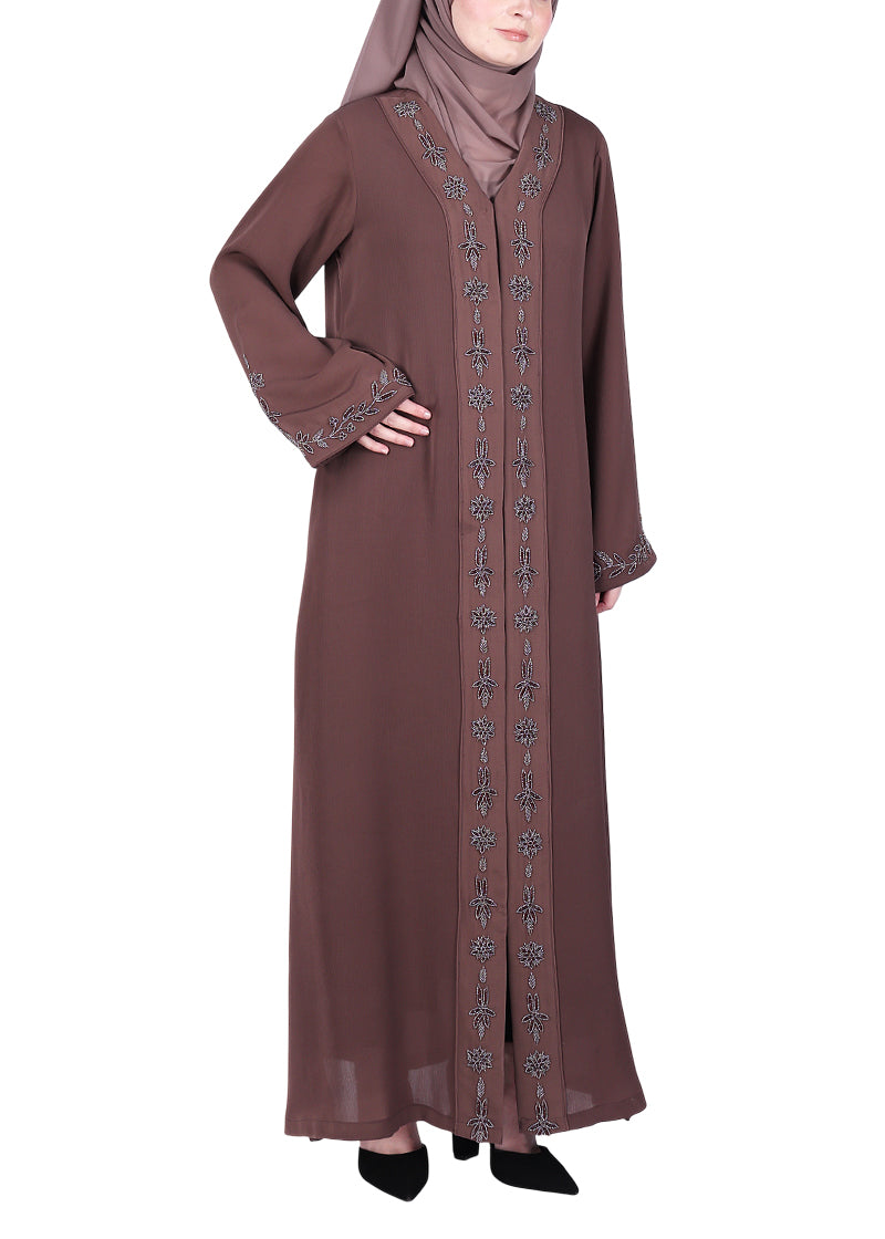 BeingMuslims Brown Abaya with Rich Intricate Hand Embroidery