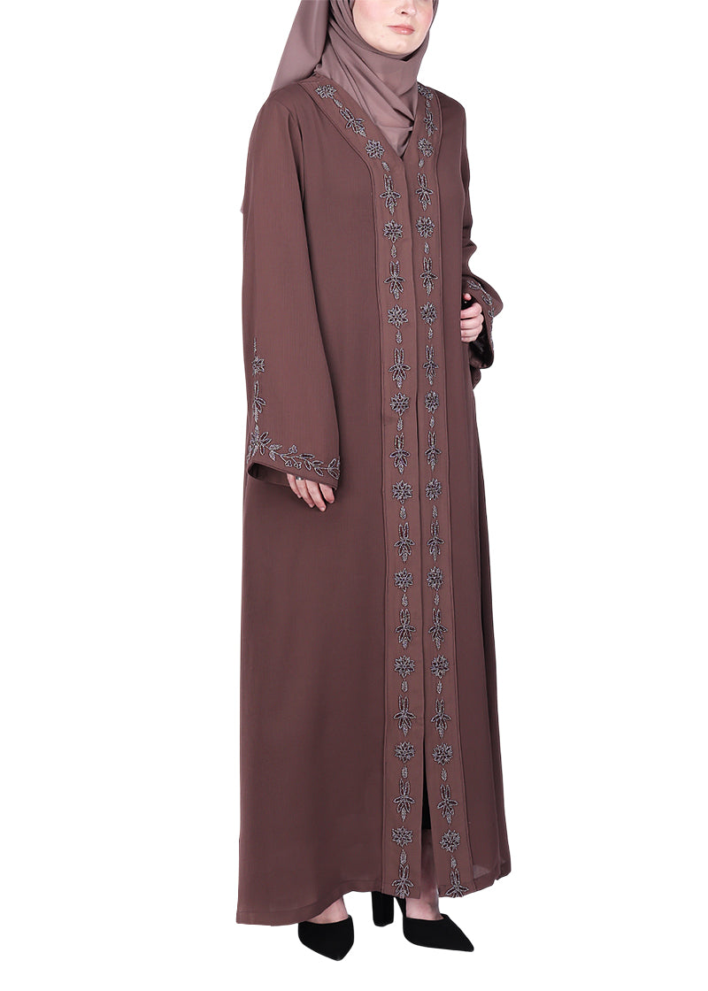 BeingMuslims Brown Abaya with Rich Intricate Hand Embroidery