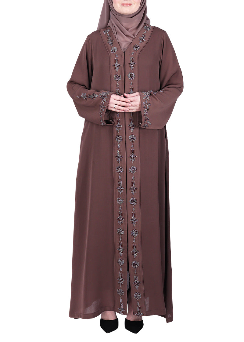 BeingMuslims Brown Abaya with Rich Intricate Hand Embroidery