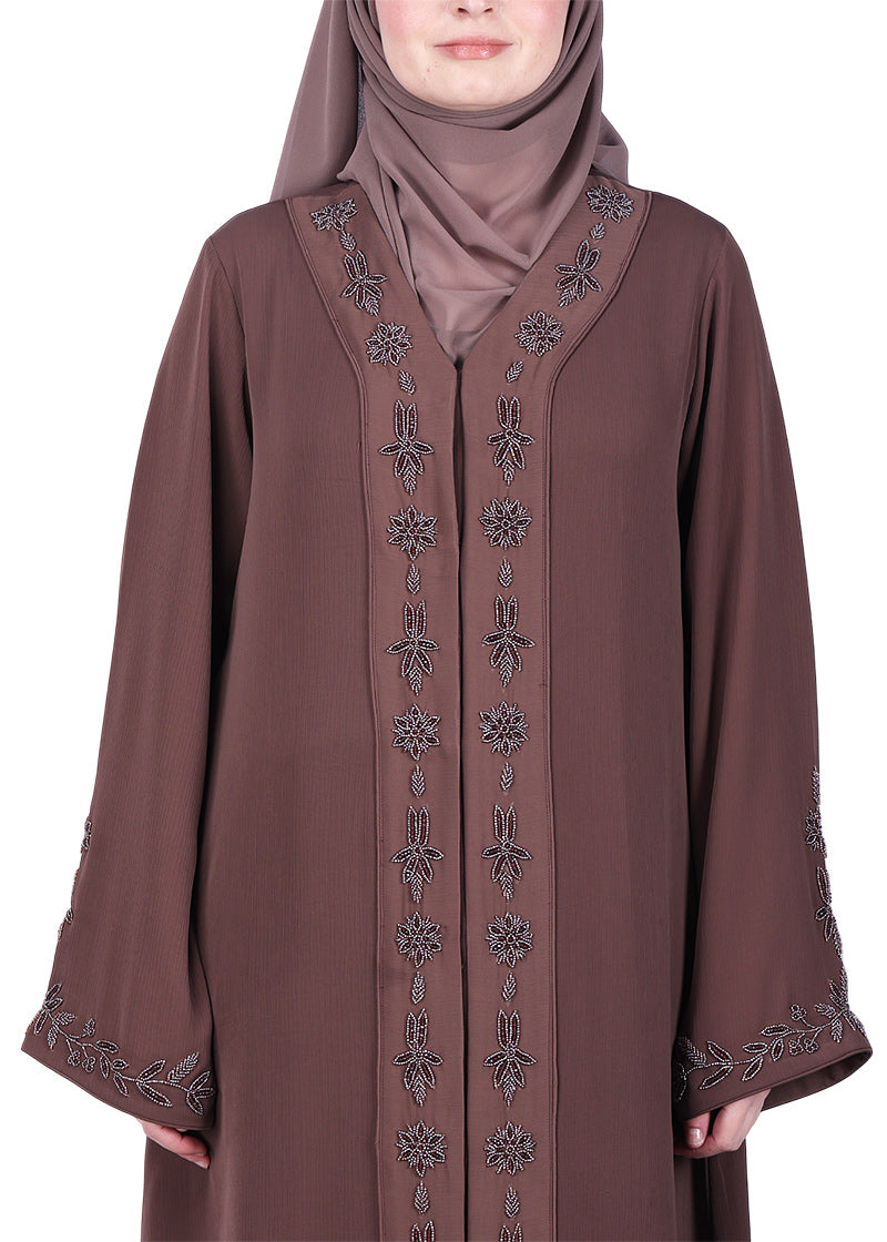 BeingMuslims Brown Abaya with Rich Intricate Hand Embroidery
