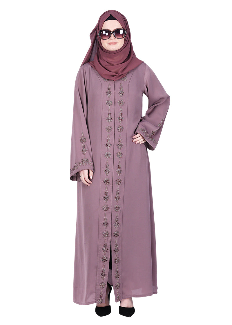 BeingMuslims Purple Abaya with Rich Intricate Hand Embroidery